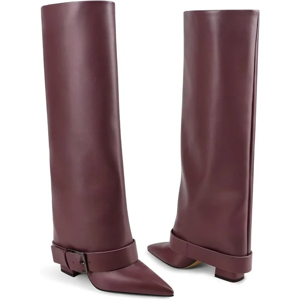 Women's Burgundy Knee High Boots Fold Over High Heel Belt Buckle Fall Long